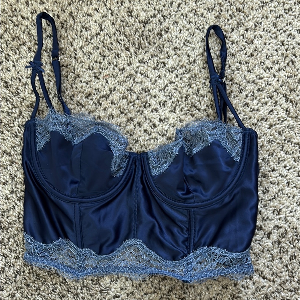 Elegant Navy Lace Trim Bra Corset Top